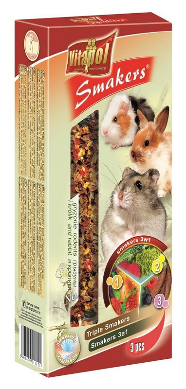 Vitapol Лакомство Smakers®  для грызунов и кроликов 3 в 1 (овощи/плоды pожкового дерева/фрукты ) STANDARD, 135 г