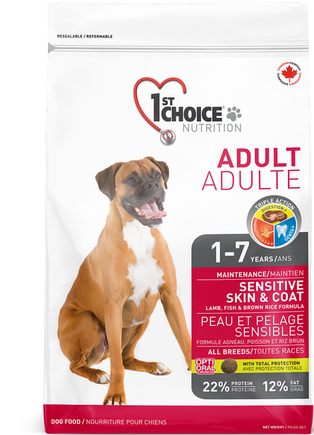 1st CHOICE ADULT SENSITIVE SKIN&COAT Корм для взрослых собак всех пород с чувствительной кожей и шерстью, с ягненком, рыбой и рисом, 2,72 кг
